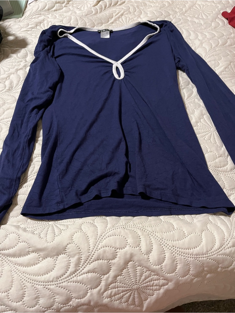 VENUS Navy Long Sleeve V-Neck Top with White Trim